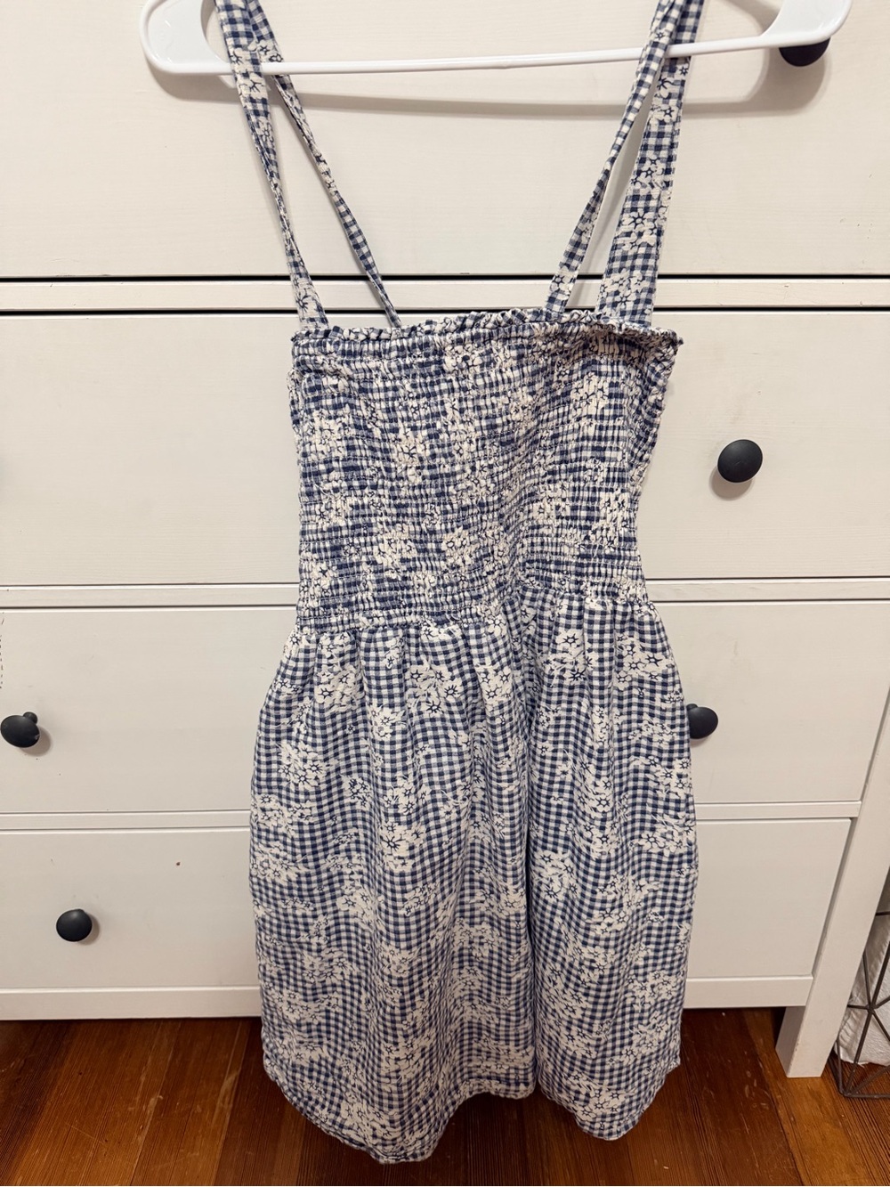 American Eagle Outfitters Blue and White Gingham Floral Mini Dress